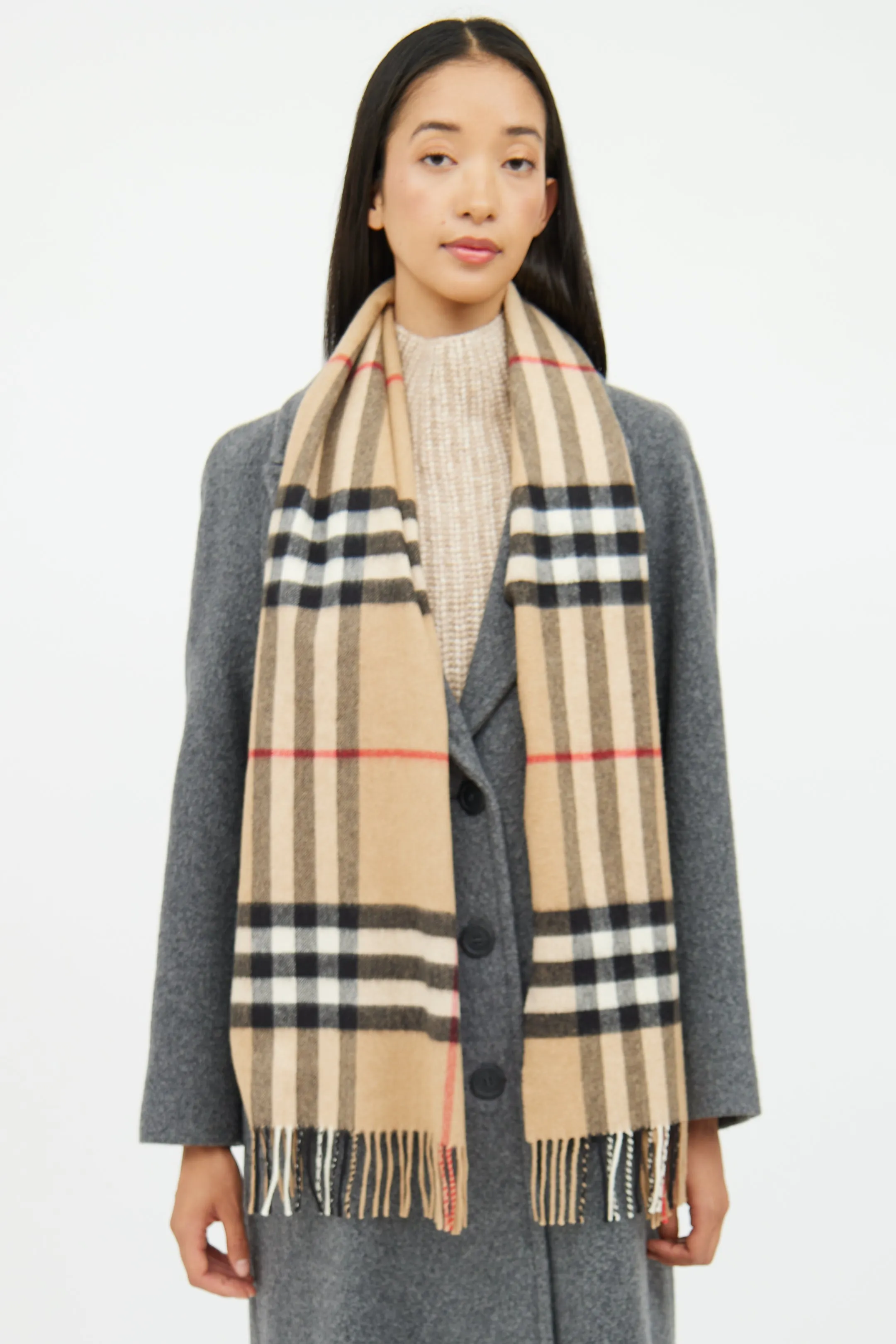 Beige Cashmere Mega Check Scarf