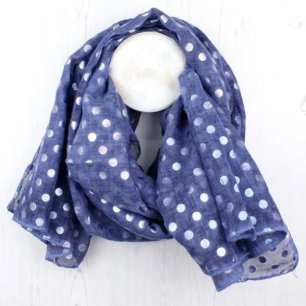Blue Denim Scarf With Metallic Silver Polka Dot Print