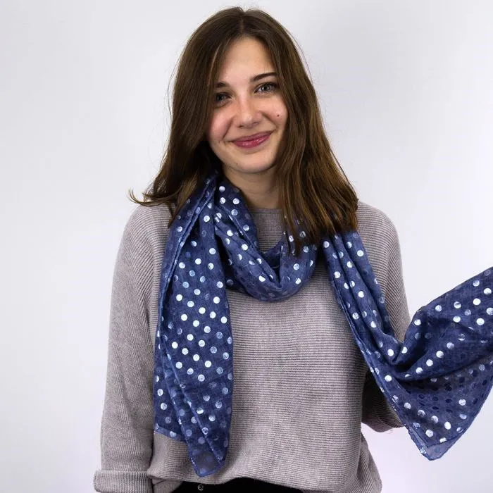 Blue Denim Scarf With Metallic Silver Polka Dot Print