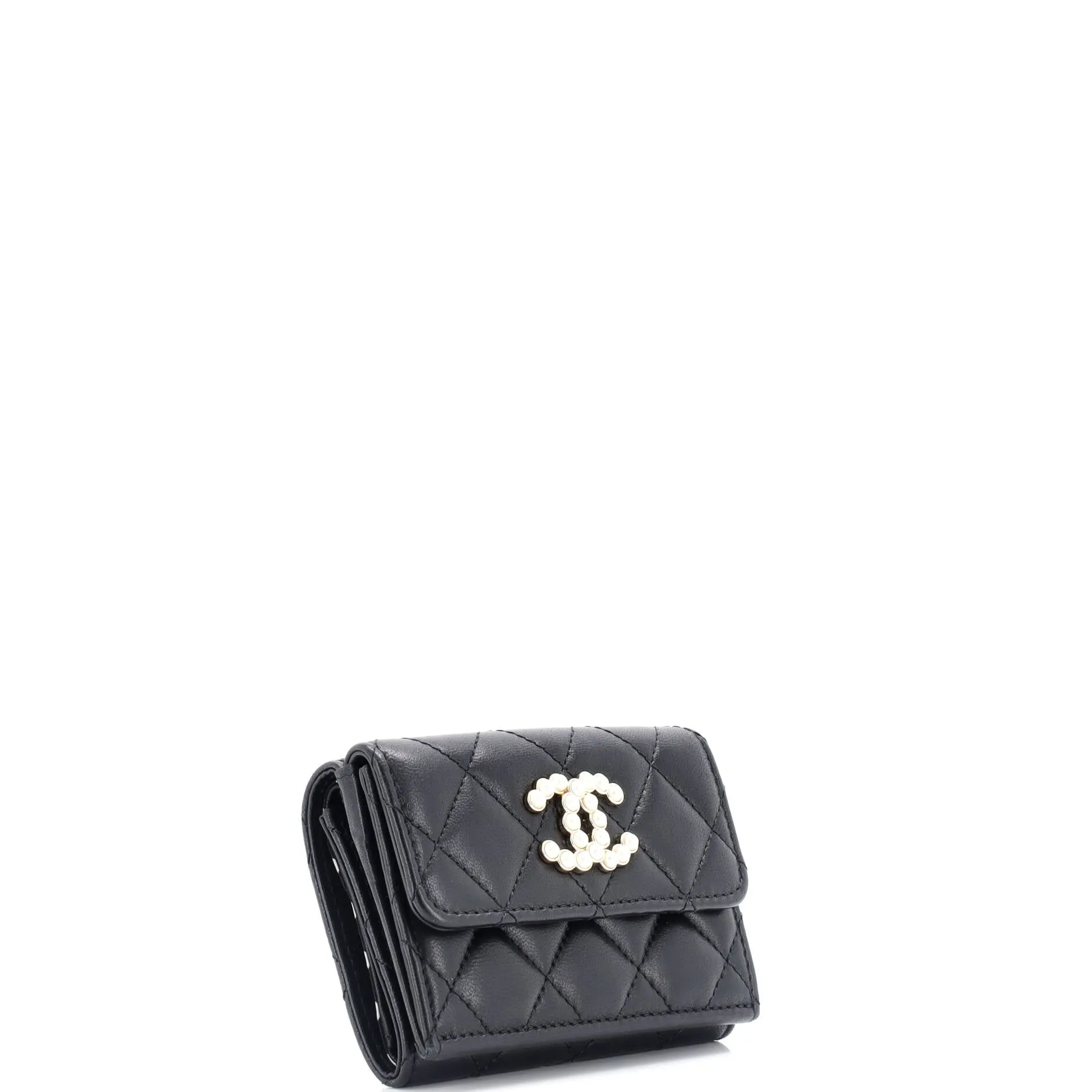 CC Pearl Trifold Flap Wallet Quilted Lambskin Small