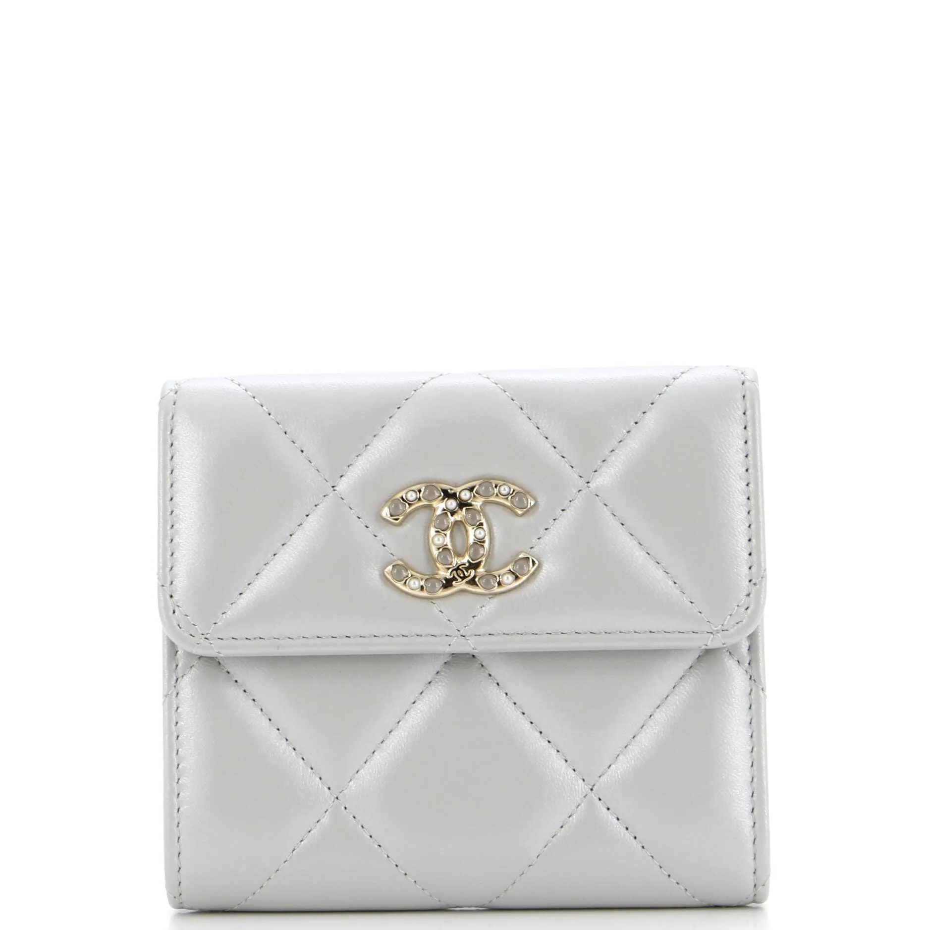 CC Pearl Trifold Wallet Quilted Iridescent Lambskin Small