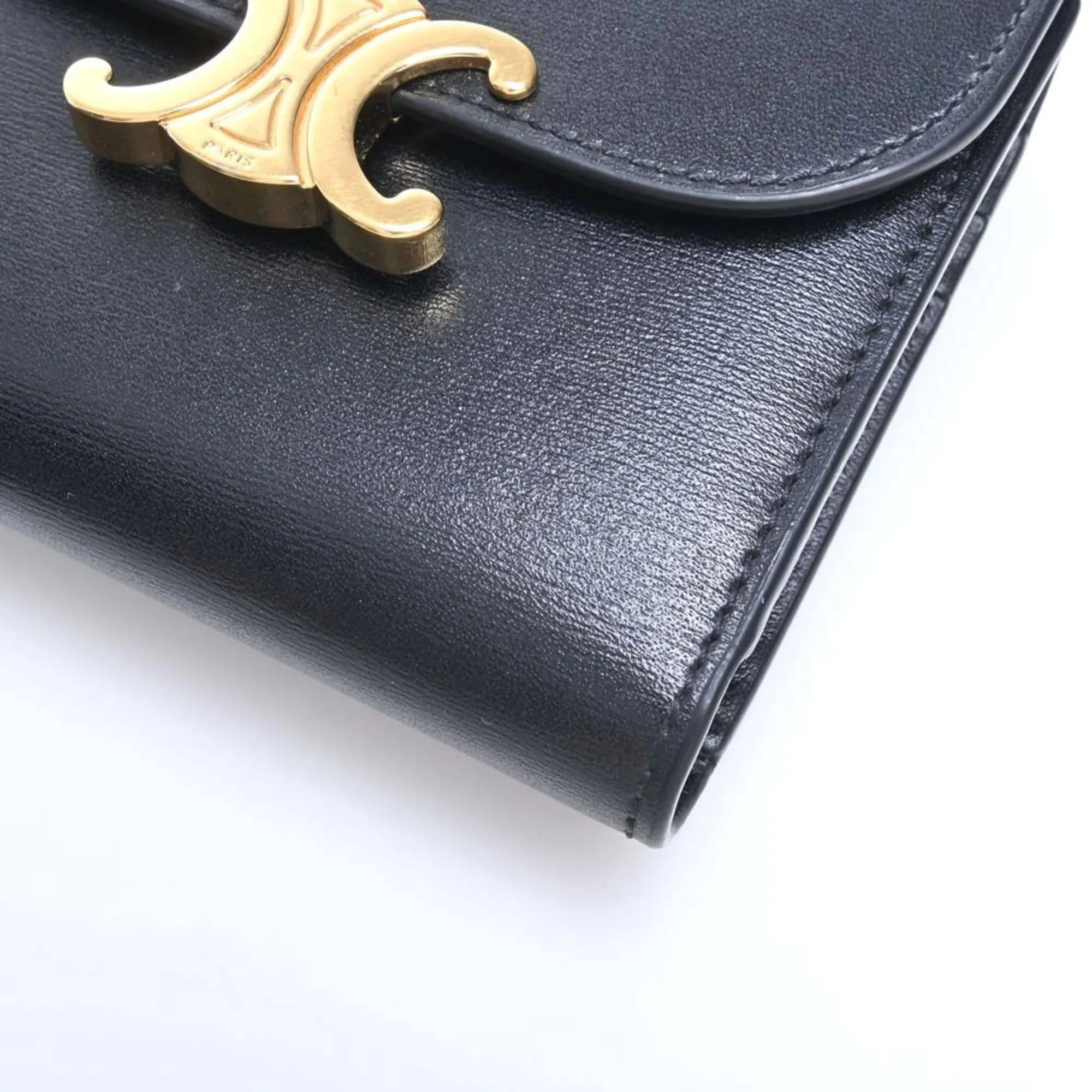 Celine Leather Triomphe Trifold Wallet Black Ladies