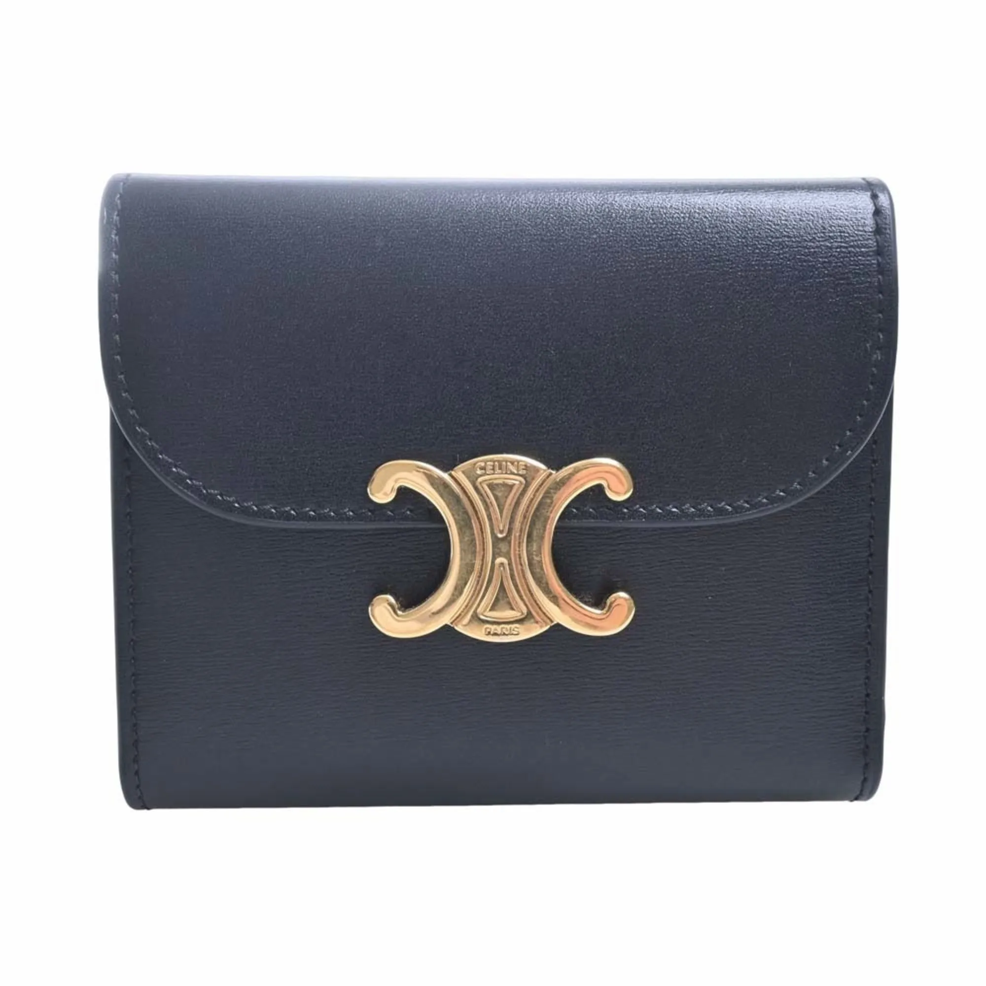 Celine Leather Triomphe Trifold Wallet Black Ladies