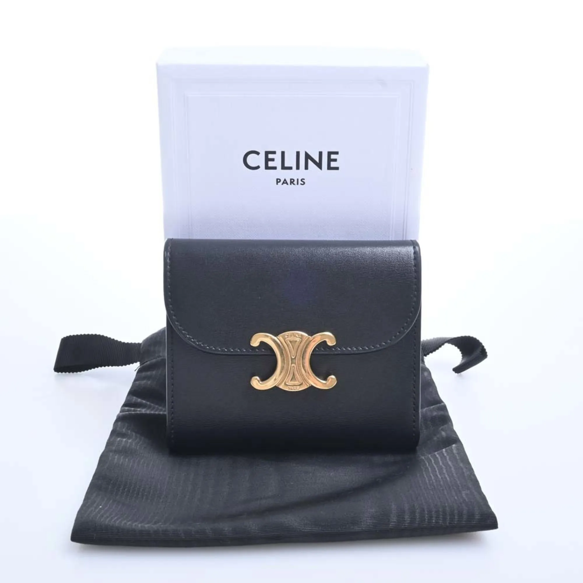 Celine Leather Triomphe Trifold Wallet Black Ladies