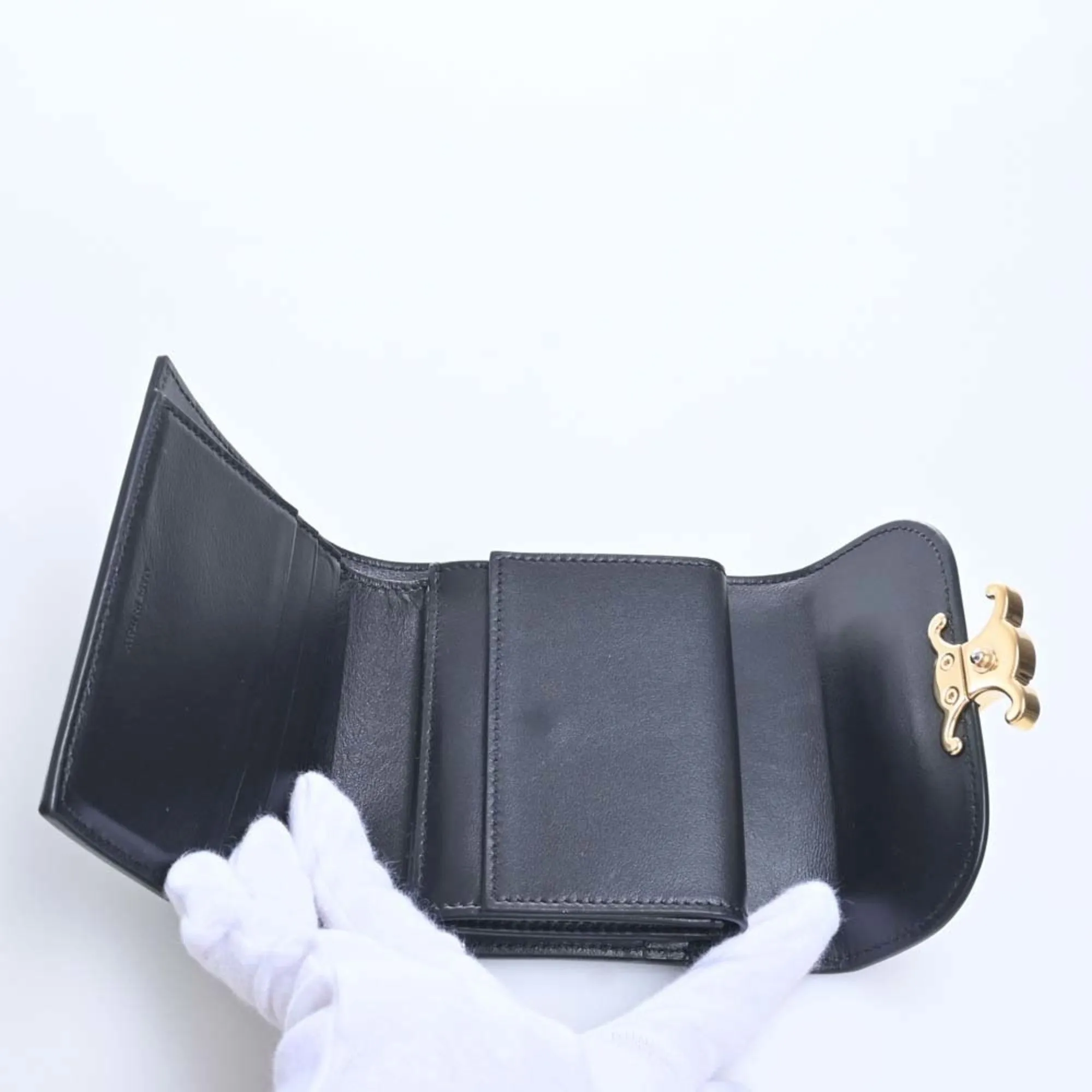 Celine Leather Triomphe Trifold Wallet Black Ladies