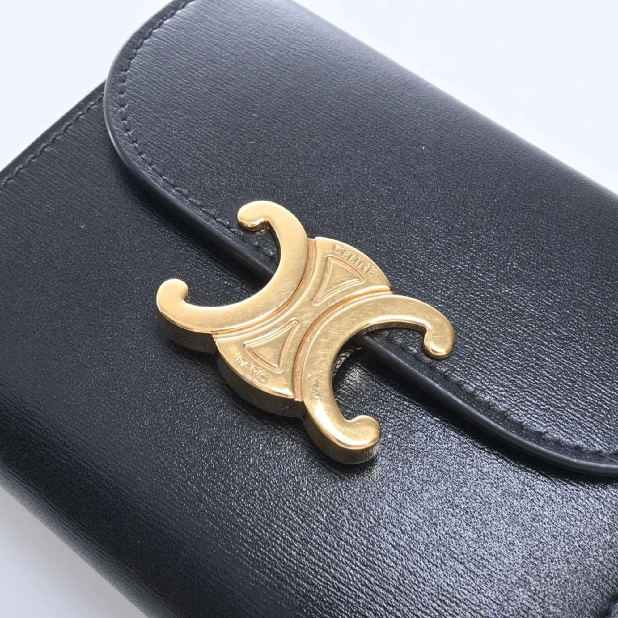 Celine Leather Triomphe Trifold Wallet Black Ladies