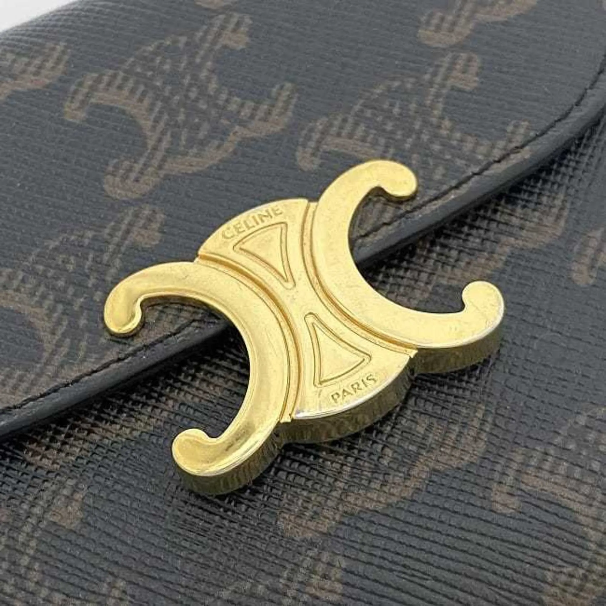 Celine Trifold Wallet Black Beige Gold Triomphe 10D782CQH.04LU PVC Leather GP  Flap Women's