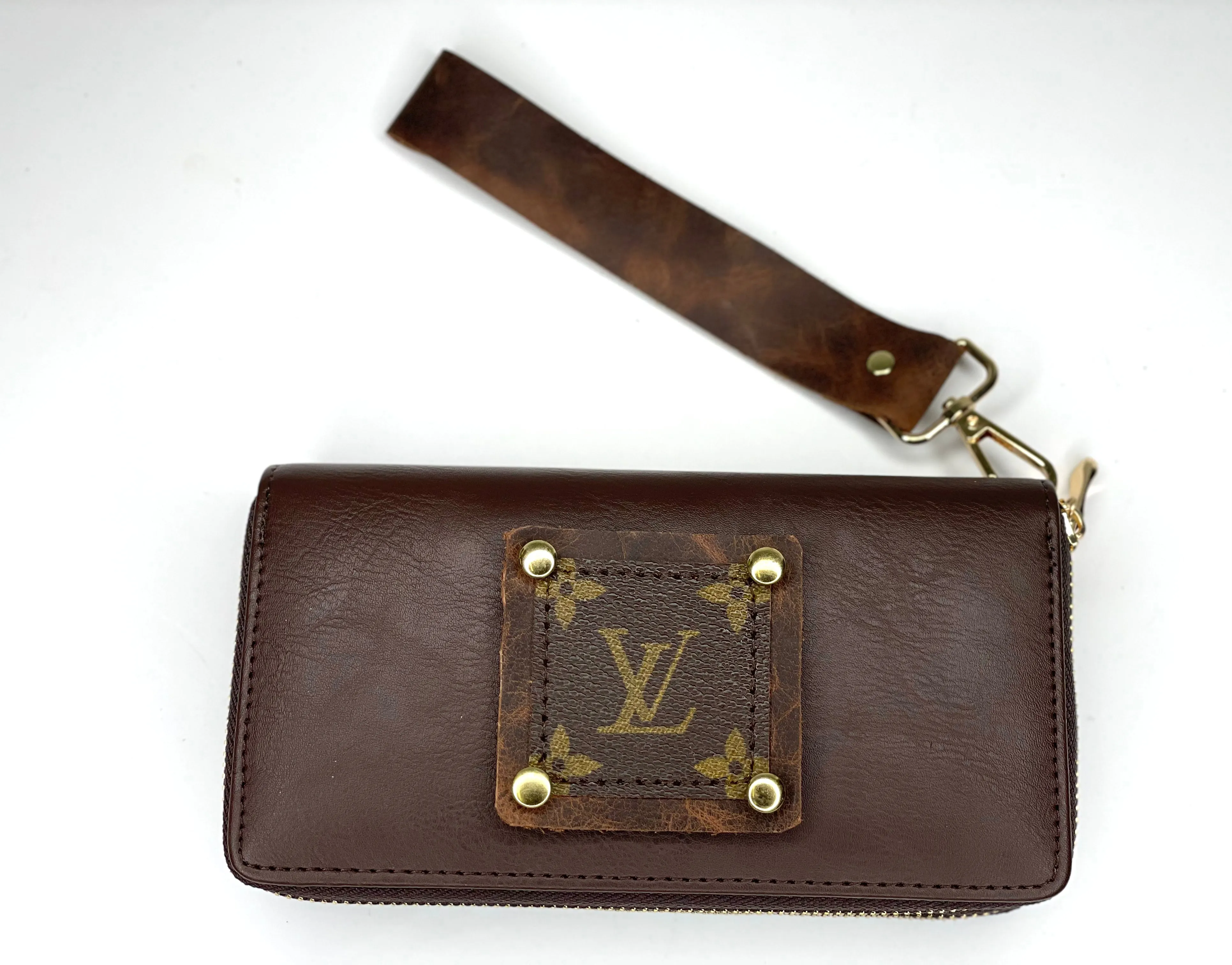 Double Wristlet Wallet Brown (brown patch, gold hardware)