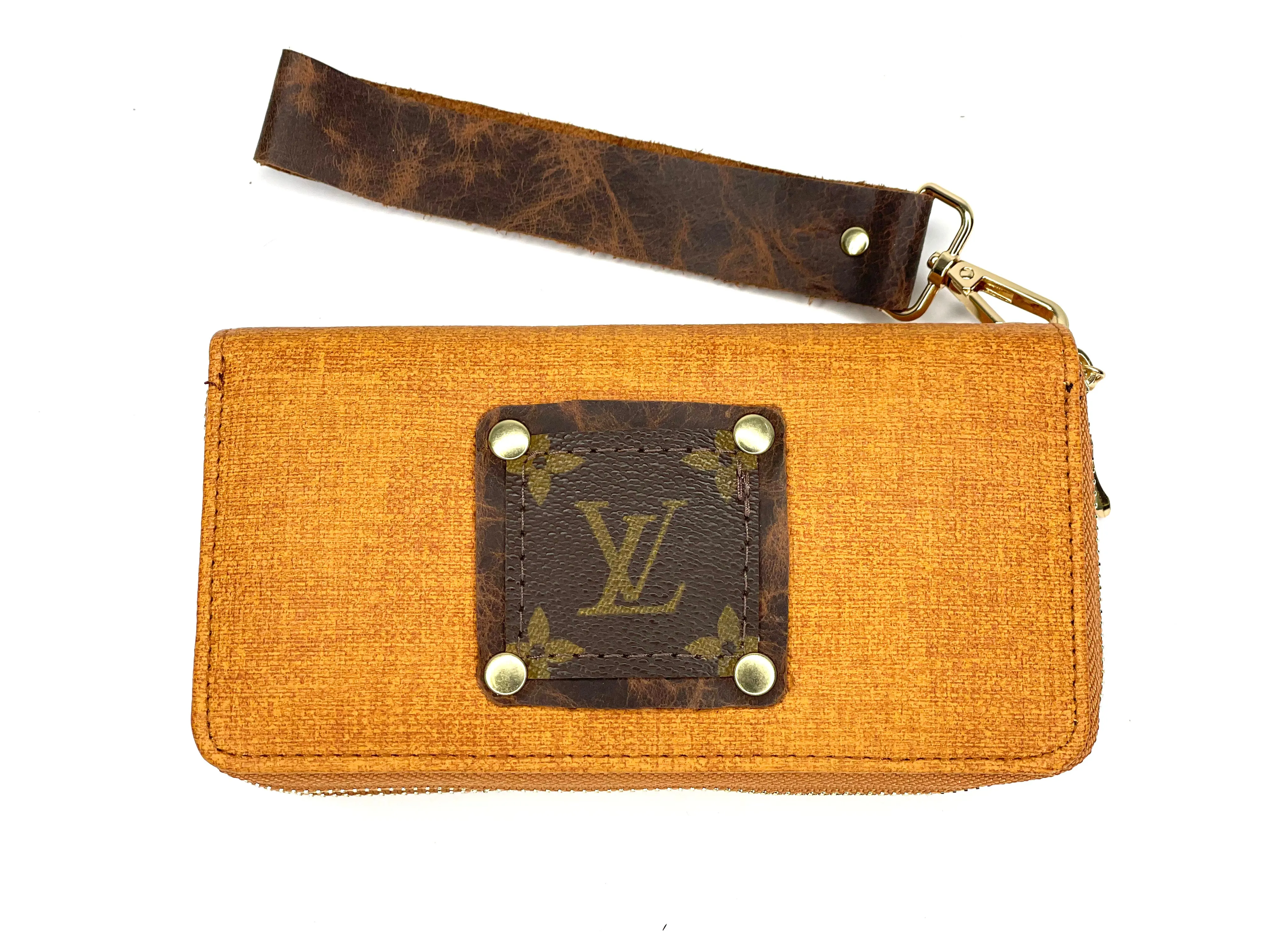 Double Wristlet Wallet Light orange/tan cork  (brown patch, gold hardware)
