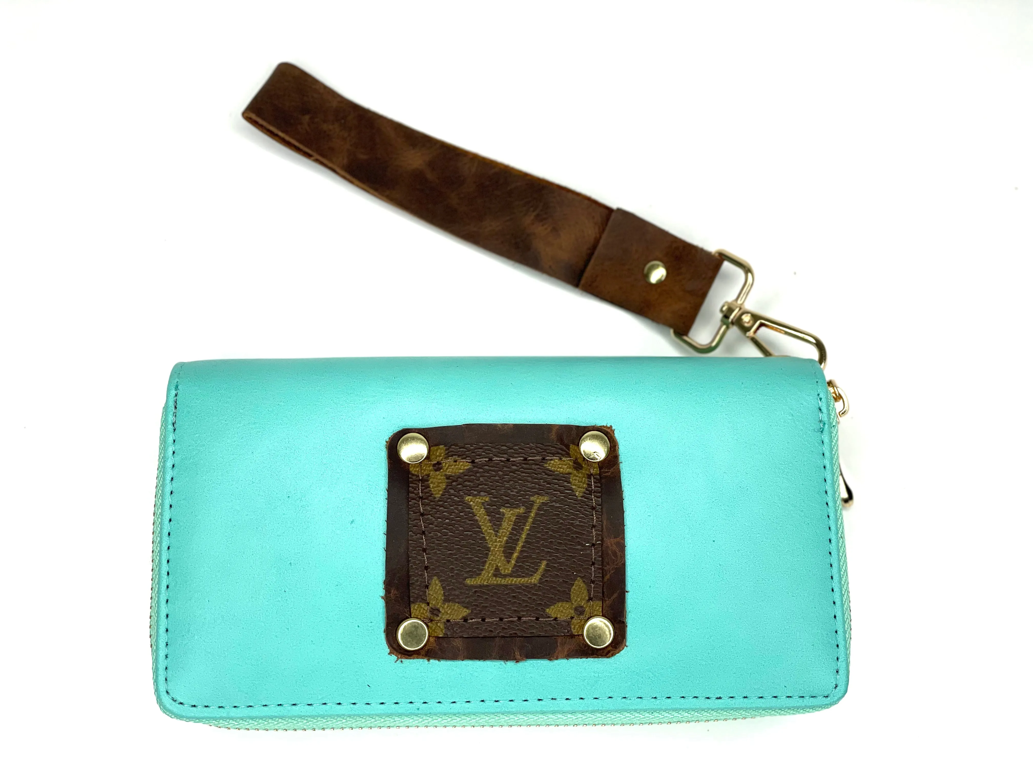 Double Wristlet Wallet Tiffany Blue (brown patch, gold hardware)