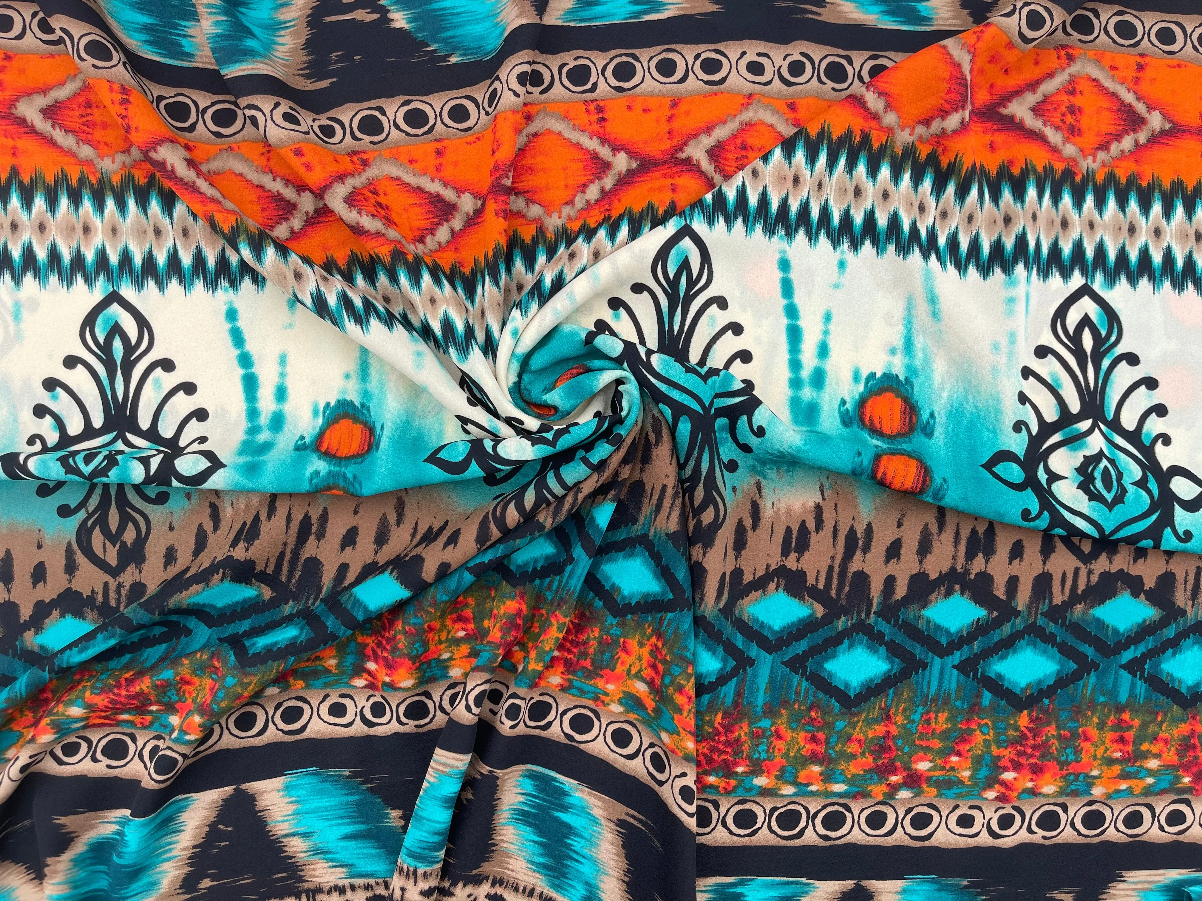 Georgette  boho tribal fabric by the yard - Orange  turquoise tribal bohemian print