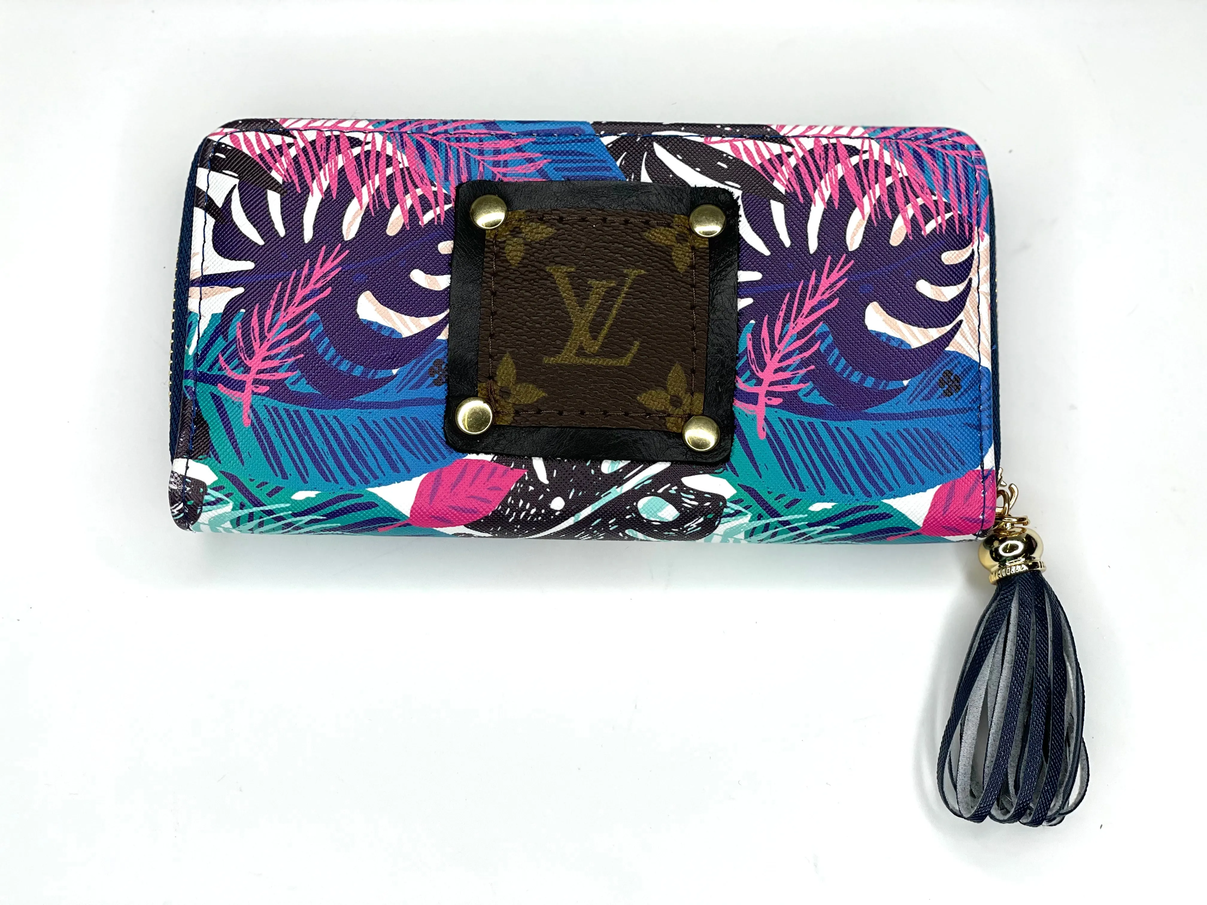 Single Wallet Dark blue, purple, & pink tropical (black patch, gold hardware)