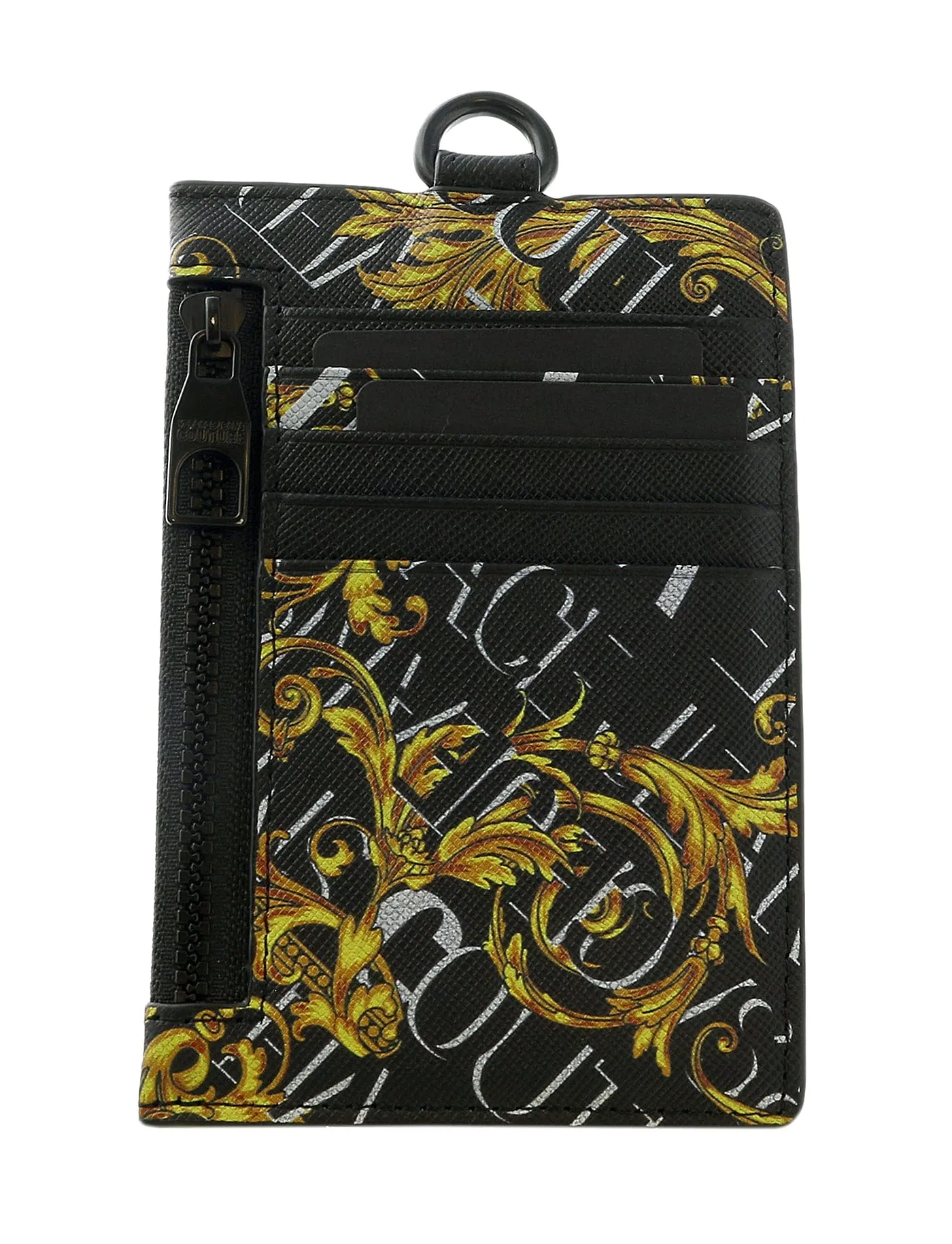 Versace Jeans Couture Black Gold Leather Baroque Brush Pattern Lanyard Cardholder