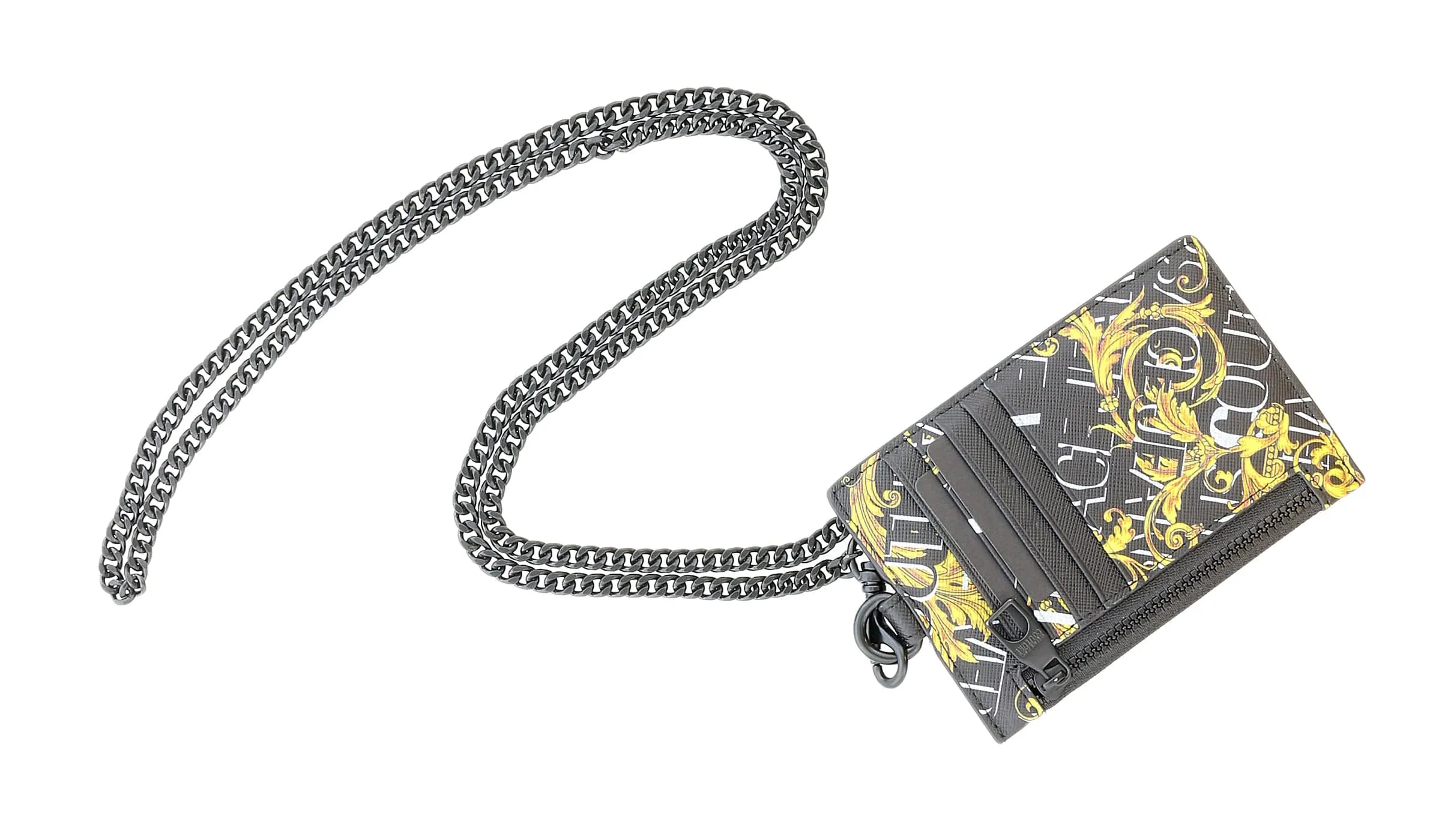 Versace Jeans Couture Black Gold Leather Baroque Brush Pattern Lanyard Cardholder