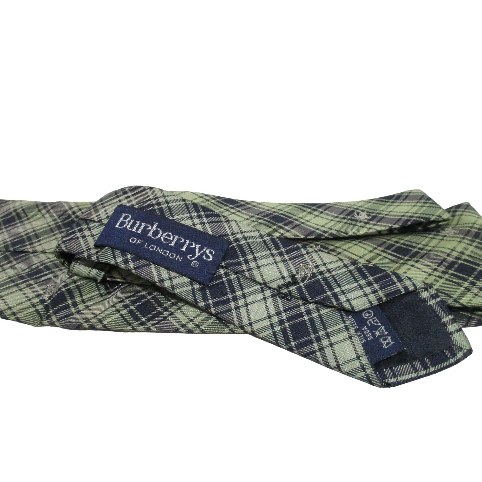 Vintage Burberry's of London tie made of 100% silk with an iconic plaid print with knights in shades of blue, yellow, and green
