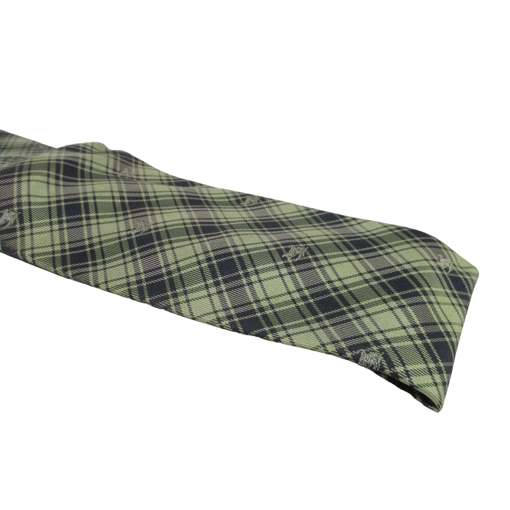 Vintage Burberry's of London tie made of 100% silk with an iconic plaid print with knights in shades of blue, yellow, and green