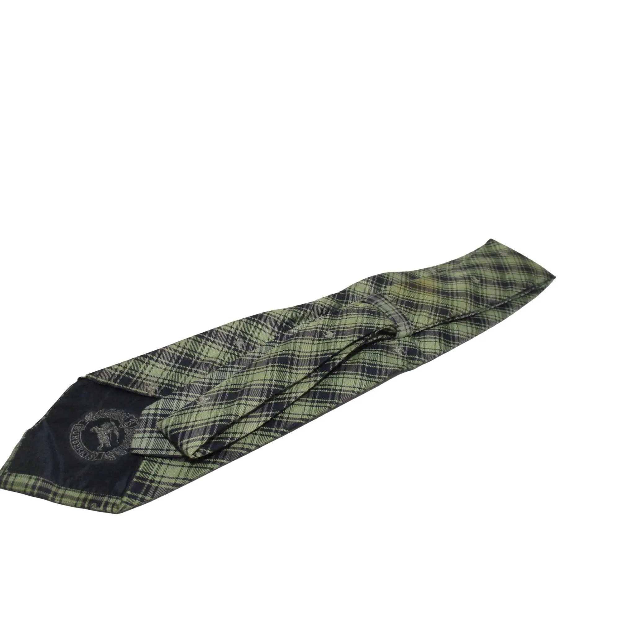 Vintage Burberry's of London tie made of 100% silk with an iconic plaid print with knights in shades of blue, yellow, and green