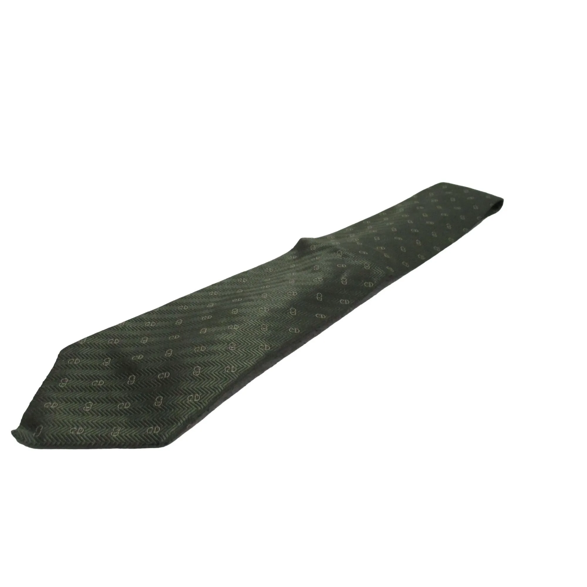 Vintage Christian Dior tie made of 100% textured, olive green silk with a logo print in shades of tan