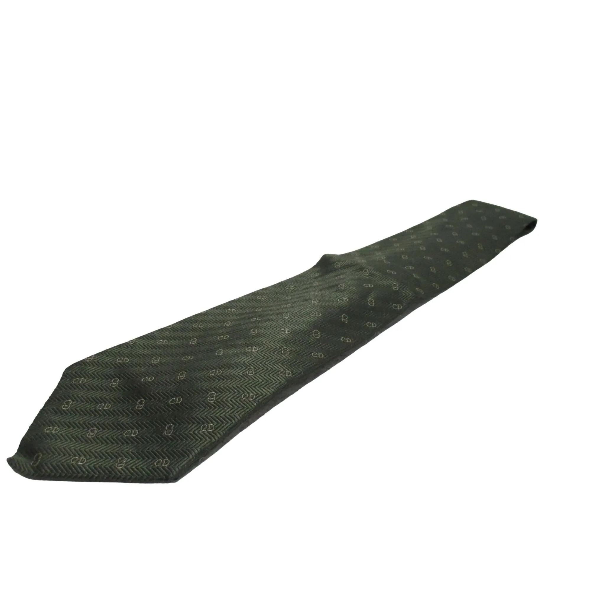 Vintage Christian Dior tie made of 100% textured, olive green silk with a logo print in shades of tan